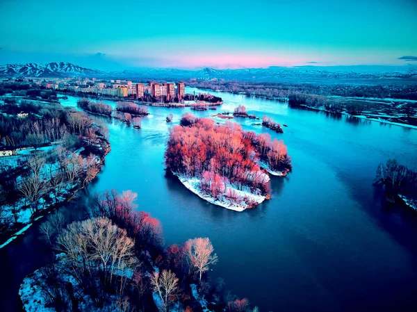 Vista Aérea Panorámica Hermoso Paisaje Primavera Río Irtysh Kazajstán Despierta — Foto de Stock