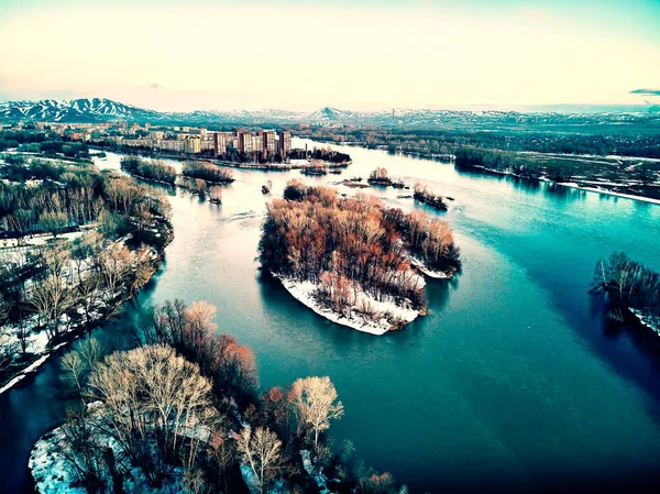 Vista Aérea Panorámica Hermoso Paisaje Primavera Río Irtysh Kazajstán Despierta — Foto de Stock