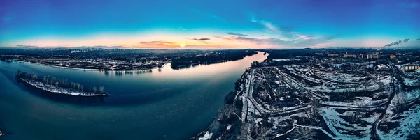 Panoramic Aerial View Beautiful Spring Landscape Irtysh River Kazakhstan Wakes — Stock Photo, Image