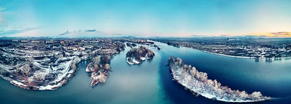 Panoramic Aerial View Beautiful Spring Landscape Irtysh River Kazakhstan Wakes — Stock Photo, Image