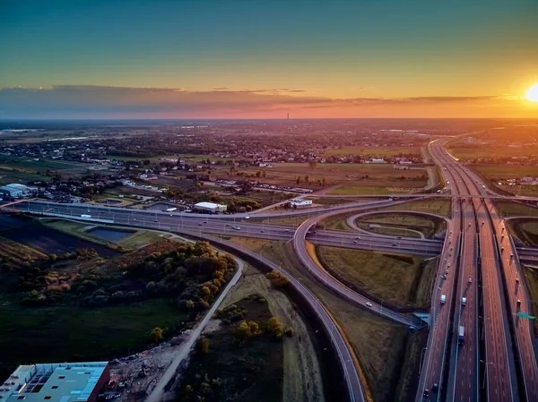 Красивый Панорамный Вид Дрона Закат Автостраде Над Южным Путепроводом Warsaw — стоковое фото