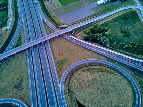 Uma Bela Vista Panorâmica Drone Aéreo Pôr Sol Viaduto Rodovia — Fotografia de Stock