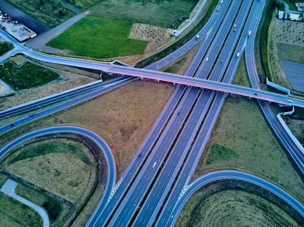 Gyönyörű Panorámás Légi Drón Kilátás Naplementére Dél Varsói Elkerülő Felüljáróján — Stock Fotó