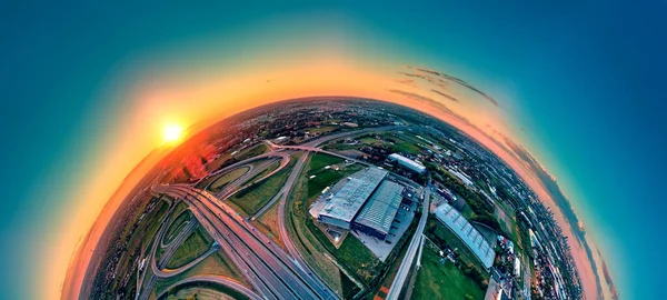 Beautiful Panoramic Aerial Drone View Sunset Highway Overpass Southern Warsaw — Stock Photo, Image