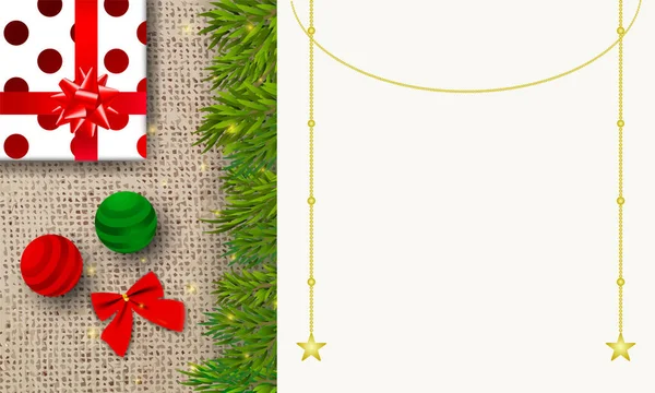 Weihnachtsgutschein-Design. Holzinvintationskarte mit Weihnachtsbaum und Geschenkschachtel. erstaunliche Winter Banner schönes Design für Geschenkkarte. — Stockvektor