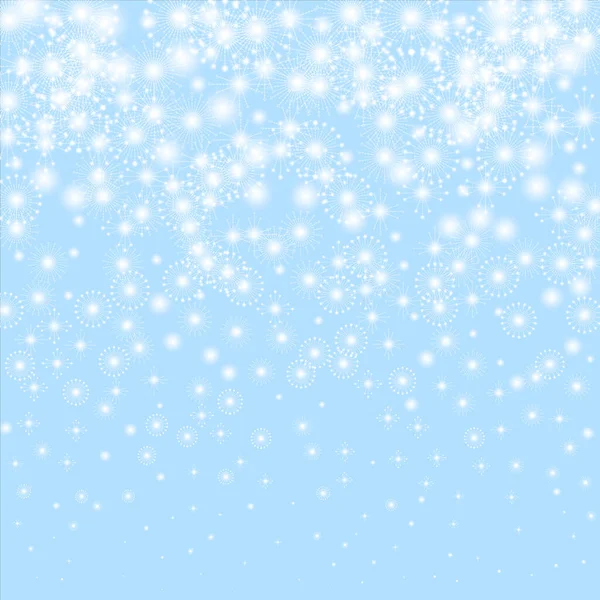 Copos de nieve aislados. Copos de nieve voladores y estrellas sobre fondo azul claro . — Vector de stock