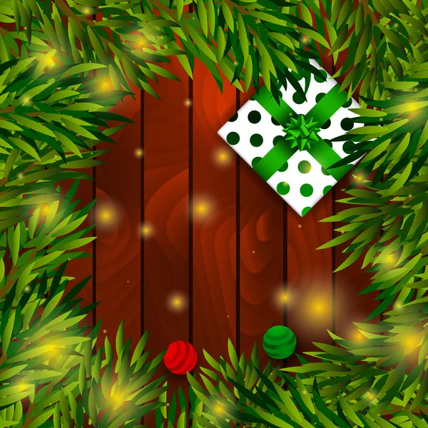 Weihnachtskarte Hintergrund. Vorlage für den Winterinvintationsgutschein. Holz schöne Grußkarte mit Weihnachtsbaum und Geschenkbox. Entwurf für Dekorationsbanner. — Stockvektor