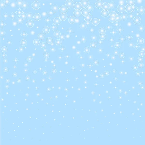 Copos de nieve aislados. Copos de nieve voladores y estrellas sobre fondo azul claro . — Vector de stock