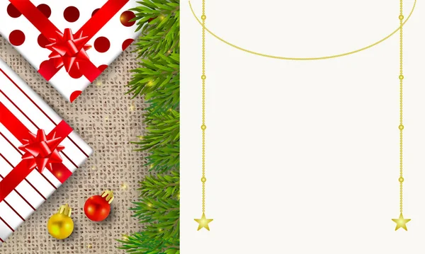 Gutscheinvorlage Rabattcoupon Vektor Illustration. erstaunliche Holz-Grußkarte, Banner mit Weihnachtsbaum und Geschenkbox. Entwurf für Dekorationsbanner. — Stockvektor