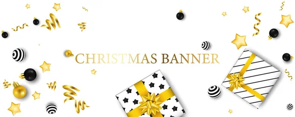 Modello di biglietto di Natale. Banner invernale bel design per la decorazione invenzione voucher. Incredibile biglietto di auguri in legno, banner con albero di Natale e scatola regalo . — Vettoriale Stock