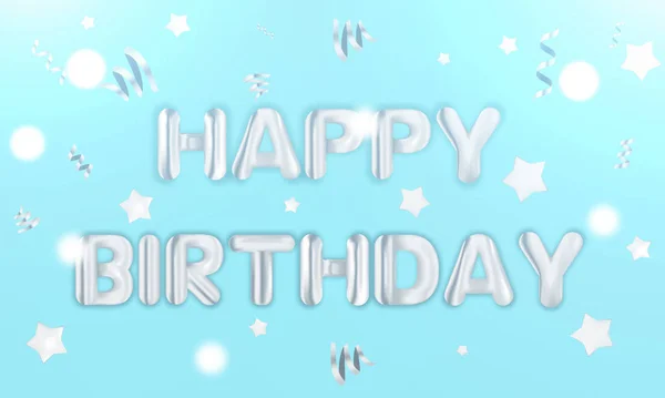 Happy Birthday Text realistische Karte. Jubiläums-Grußkarte Geschenk-Postkarte. Luftballons feiern Konfetti-Banner. — Stockvektor