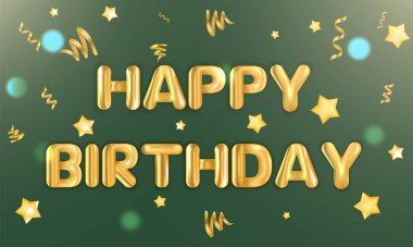 Doğum günün kutlu olsun balon mesajı. Gerçekçi tebrik kartı vektör çizimi. Konfeti hediye kartı parti metnini sunar.