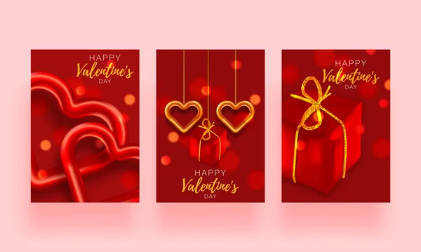 Love background set brochure. Gift poster card. Sale banner template for Valentines day. Banner with hearts and gifts. — Stock Vector