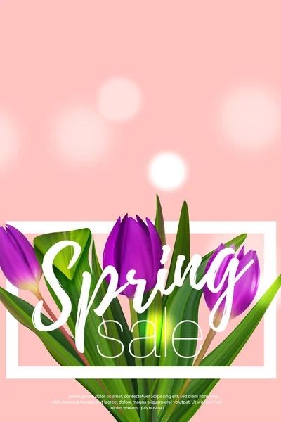 Hola marzo primavera ramo tulipán folleto. Fondo colorido de la bandera para el día de las mujeres . — Vector de stock