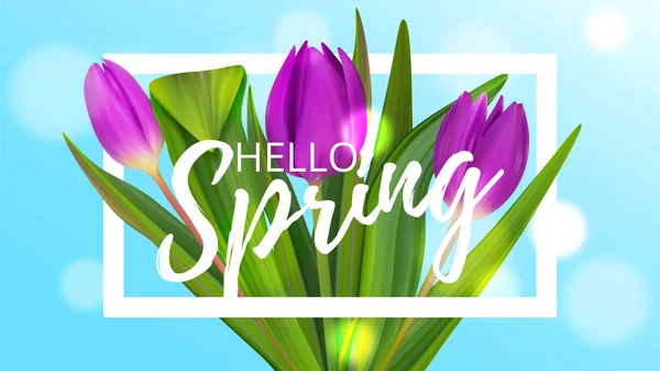 Hallo lente boeket tulp brochure. Schattig pastelspandoek. Kleurrijke achtergrond. — Stockvector