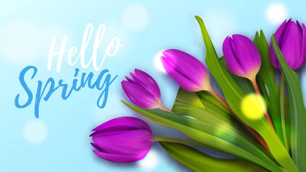 Merhaba April bahar lale kuponu. Kadın Günü için renkli afiş arkaplanı. — Stok Vektör