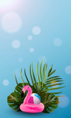 Flamingo koleksiyon afişi. Çiçekli orman palmiyesi arka planı. Yaz tropik kuşu. Çiçek çizimi. Renkli tropikal yapraklar pankart.