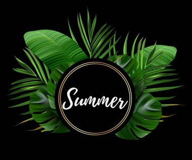 Tropikal arka plan. Çiçek ve palmiye duvar kağıdı. Vektör orman illüstrasyon. Yeşil tropikal arka plan afişi.