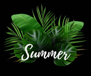 Tropik orman. Orman arka plan çiçek ve palmiye. Vektör çiçek illüstrasyon. Yeşil tropikal orman afişi.