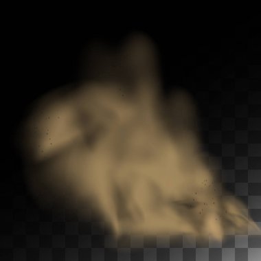 Sis şehri, çöl kum fırtınası, bulut bayrağı ve kumların uçuşunu kokla. Sis kokusu gerçekçi doku vektörü çizimi izole.