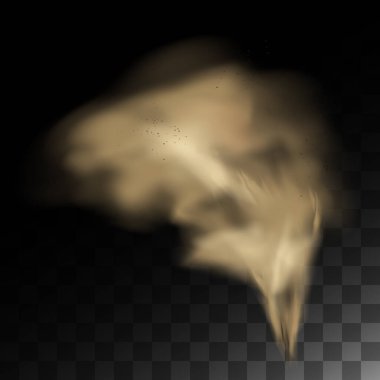 Parçalı toz bulutu, çöl kum fırtınası, bulut bayrağı ve uçuşan kahverengi kum. Sis kokusu gerçekçi doku vektörü çizimi izole.