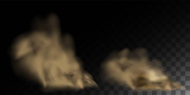 Yeşil duman, parçalı toz bulutu, çöl kum fırtınası, bulut bayrağı ve uçuşan kahverengi kum. Sis kokusu gerçekçi doku vektörü çizimi izole.