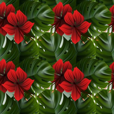 Hibiscus deseni. Tropik palmiye yaprağı. Kusursuz arkaplan.