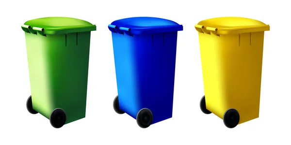 Система сортировки, переработанный символ на красочных контейнерах. Уличный мусорный бак. Мусорный контейнер . — стоковый вектор