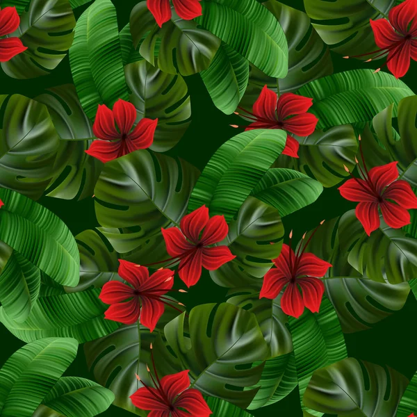 Liść palmowy. Płynny wzór letni hibiskus tropikalny. — Wektor stockowy