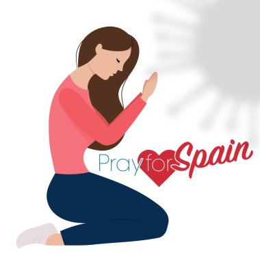 Spanish woman and Spain flag. Pray for Spain, save spanish people concept. Covid-19 or Coronavirus concept. clipart