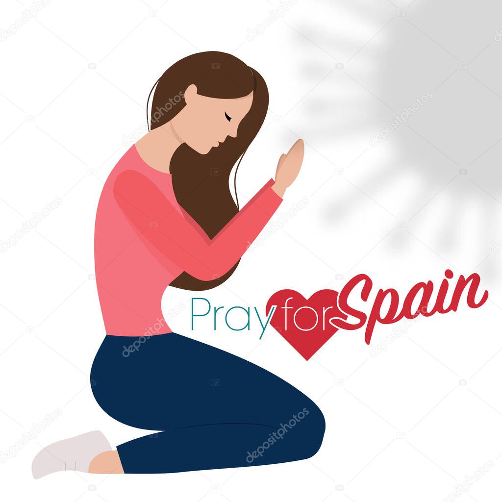 Spanish woman and Spain flag. Pray for Spain, save spanish people concept. Covid-19 or Coronavirus concept.