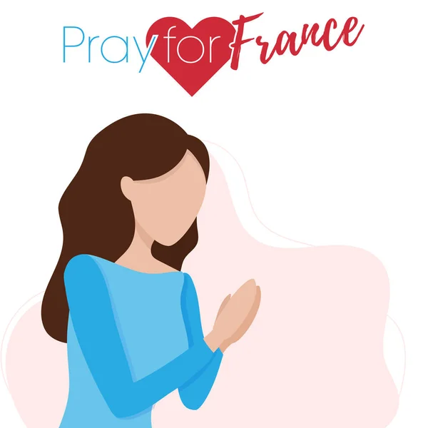 Covid-19 virusuitbraak in Frankrijk. Bid voor Frankrijk, Coronavirus concept. Een vrouw die bidt. Vectorillustratie. — Stockvector