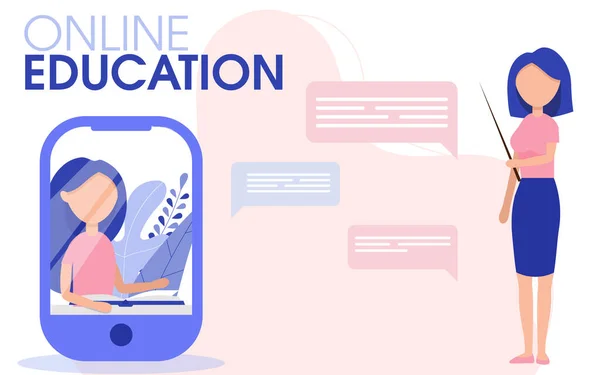 Online learning student with teacher. Student in learning process. studying online using internet flat vector illustration. Online education concept.