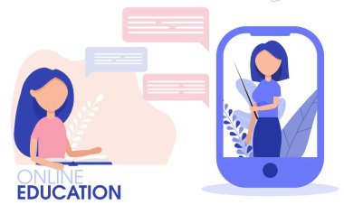Çevrimiçi öğrenme eğitimi kavramı. İnsanlar evde kalır ve internet üzerinden ders çalışırlar. Bilgisayar, akıllı telefon, e-kitap cihazları ve online kurs. Düz vektör illüstrasyonu.