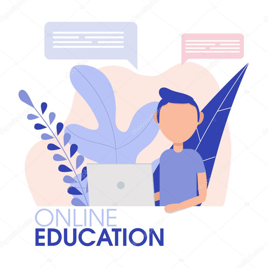 Online training student with digital course with teacher. Online school webinar, video stream on device.Technology education concept. Flat vector illustration.