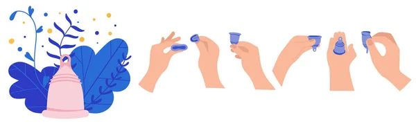 Menstruatie thema om menstruatiecup te gebruiken. Sanitaire bescherming voor vrouwelijke periode. Apparaat voor het inzamelen van bloed, geen afval. Persoonlijke hygiëne. — Stockvector