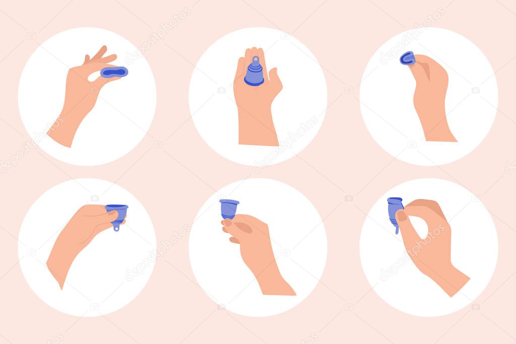Menstrual period use cup to collecting blood. Menstrual cup hygiene device used in feminine menstruation period. Vector infographic instruction.