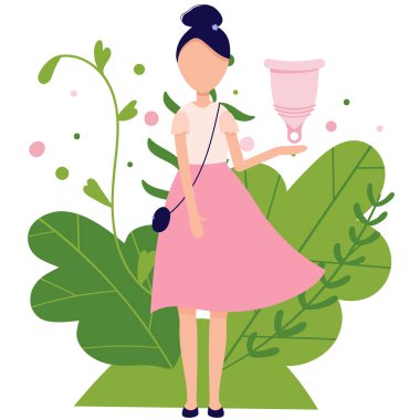 Menstrual cramp in period, use menstrual cup inside vagina. Zero waste feminine device. Menstuation womans period. Personal hygiene.