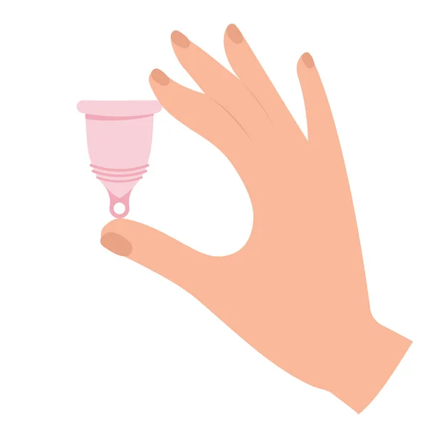 Menstrual cramp in period, use menstrual cup inside vagina. Zero waste feminine device. Menstuation womans period. Personal hygiene. — Stockvector