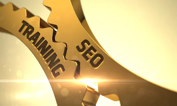 Concept de formation SEO. Roues dentées dorées. 3D . — Photo