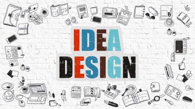 Beyaz Brickwall üzerinde Çok Renkli Fikir Tasarımı. Doodle Tarzı.