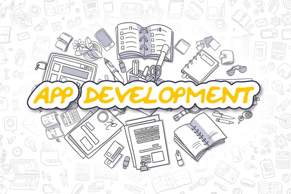 Vývoj aplikace-Doodle žluté slovo. Obchodní koncepce. — Stock fotografie