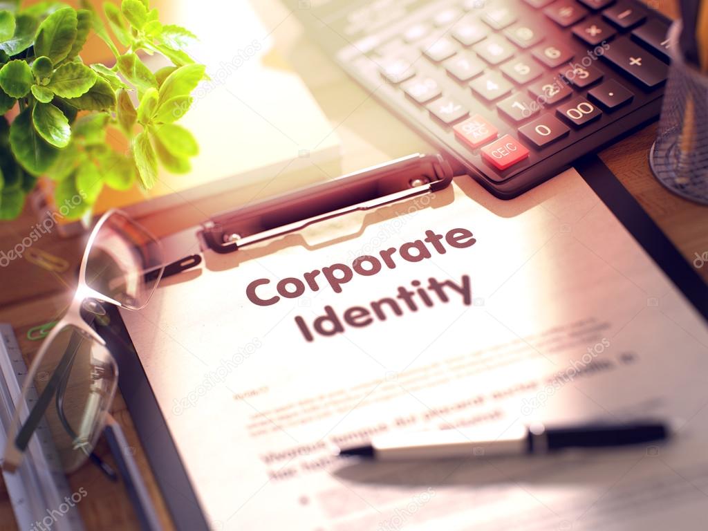 Corporate Identity on Clipboard. Composition on Working Table and Office Supplies Around. 3d Rendering. Toned Image.