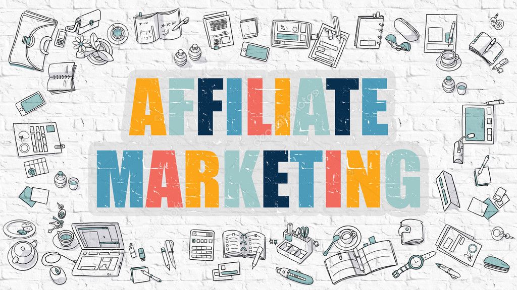 Multicolor Affiliate Marketing on White Brickwall. Doodle Style.