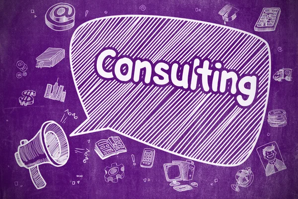 Consulting-Cartoon illusztráció a Purple Chalkboard. — Stock Fotó