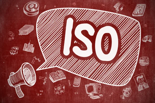 ISO-tecknad illustration på röd Chalkboard. — Stockfoto