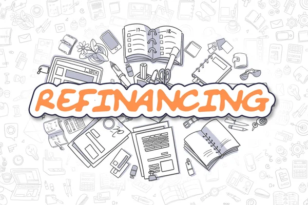 Refinancování-oranžové slovo v kresleném seriálu. Obchodní koncepce. — Stock fotografie