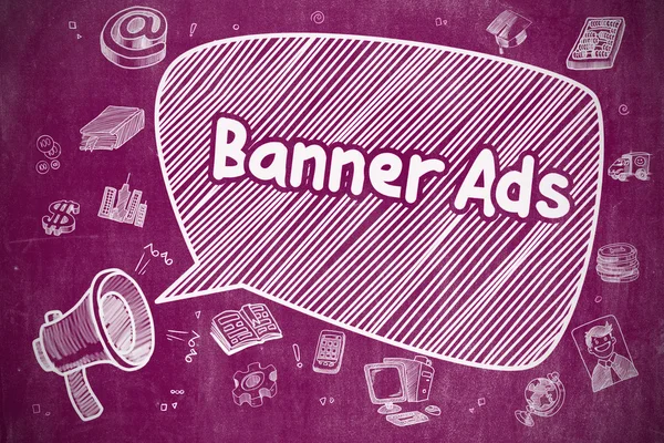 Proužkové reklamy-kreslená ilustrace na fialový Chalkboard. — Stock fotografie