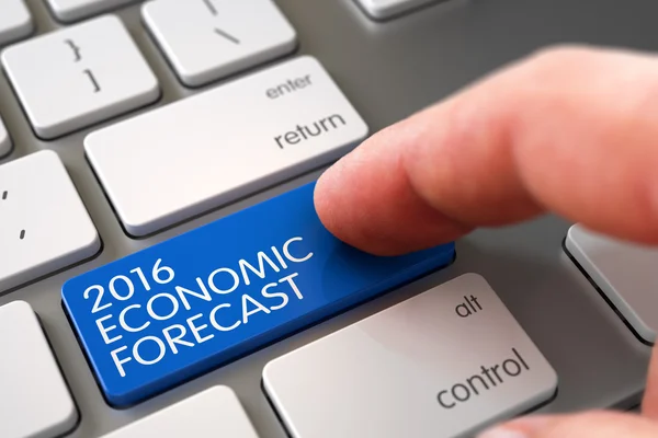Ręka palec prasowe 2016 gospodarcze prognozy przycisk. 3D. — Zdjęcie stockowe