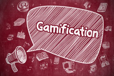 Gamification - Kırmızı Chalkboard Üzerinde Doodle İllüstrasyon.